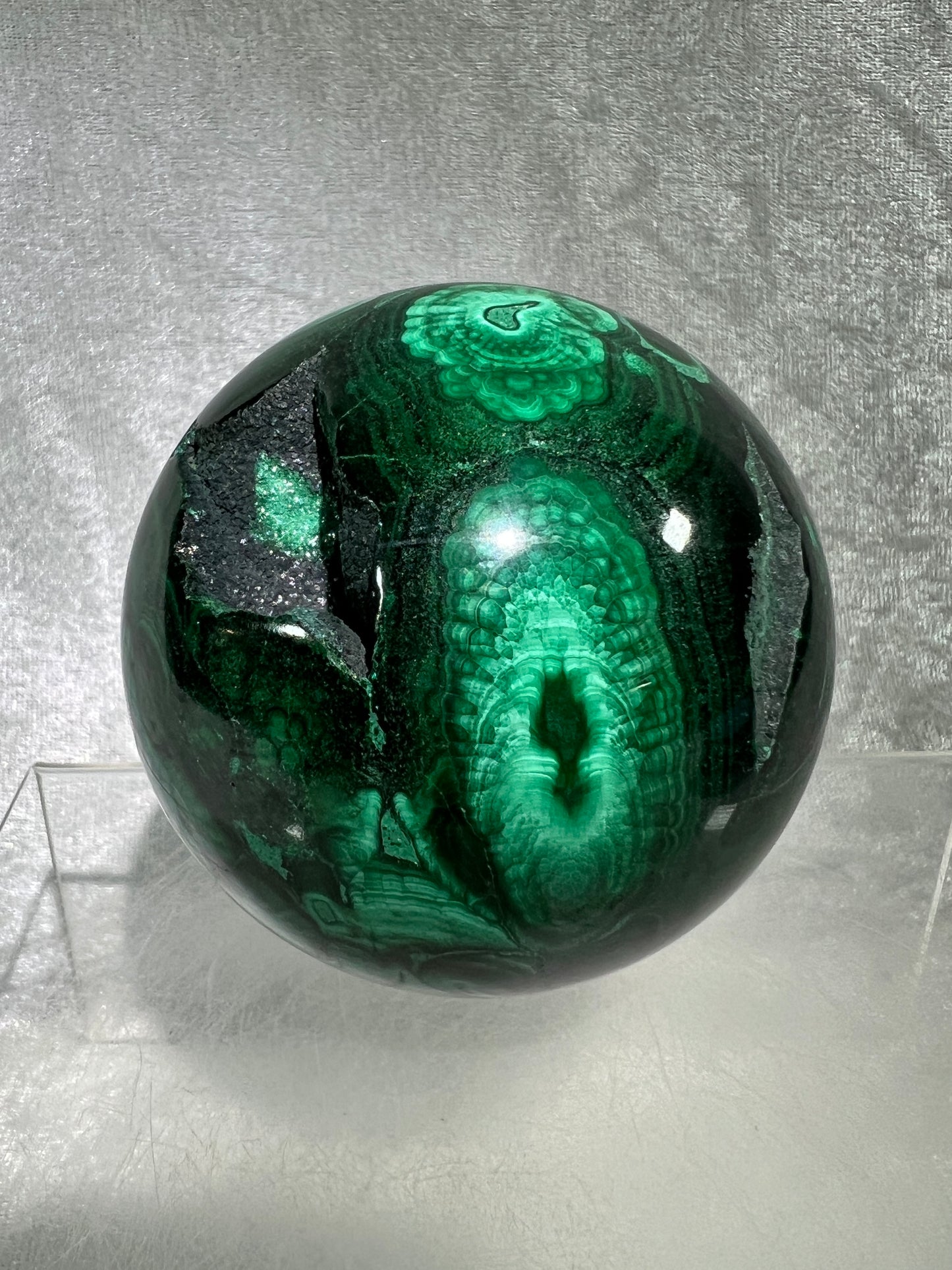 Malachite Crystal Sphere. 73mm. Incredible Large Druzy Malachite. Very High Quality Rare Display Sphere.