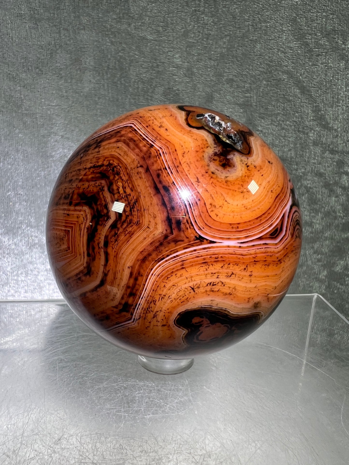 Silk Agate Sphere. 64mm. Amazing Banded Agate From Madagascar. Gorgeous Colors And Patterns On This Display Sphere.