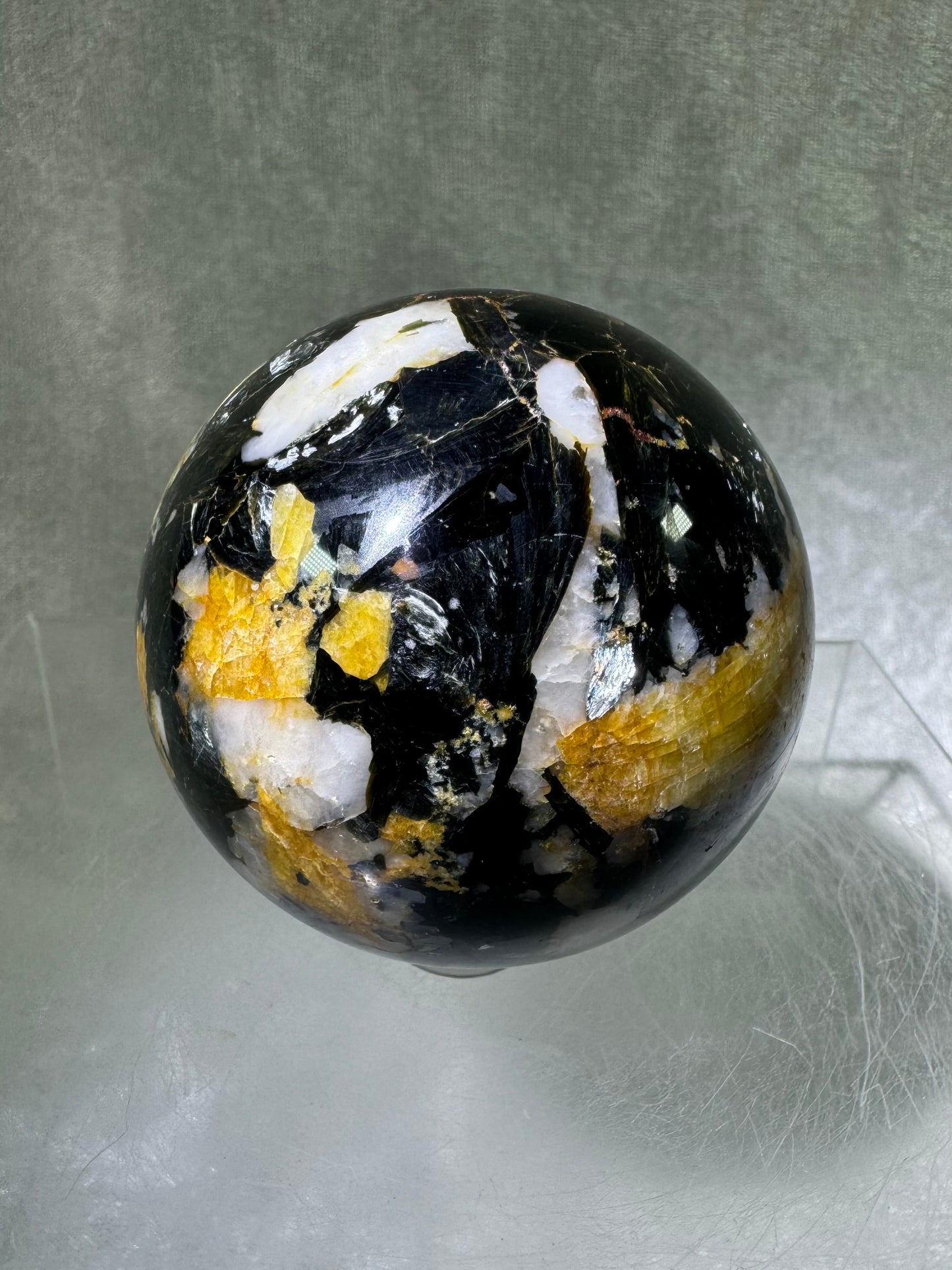 Yellow Tourmaline And Black Mica Sphere. 62mm. Rare New Discovery. Stunning And Flashy Display Sphere.