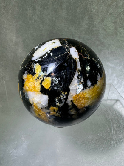 Yellow Tourmaline And Black Mica Sphere. 62mm. Rare New Discovery. Stunning And Flashy Display Sphere.