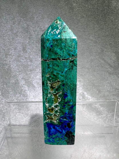 Azurite, Chrysocolla, And Malachite Druzy Tower. Rare And Beautiful Crystal Point.