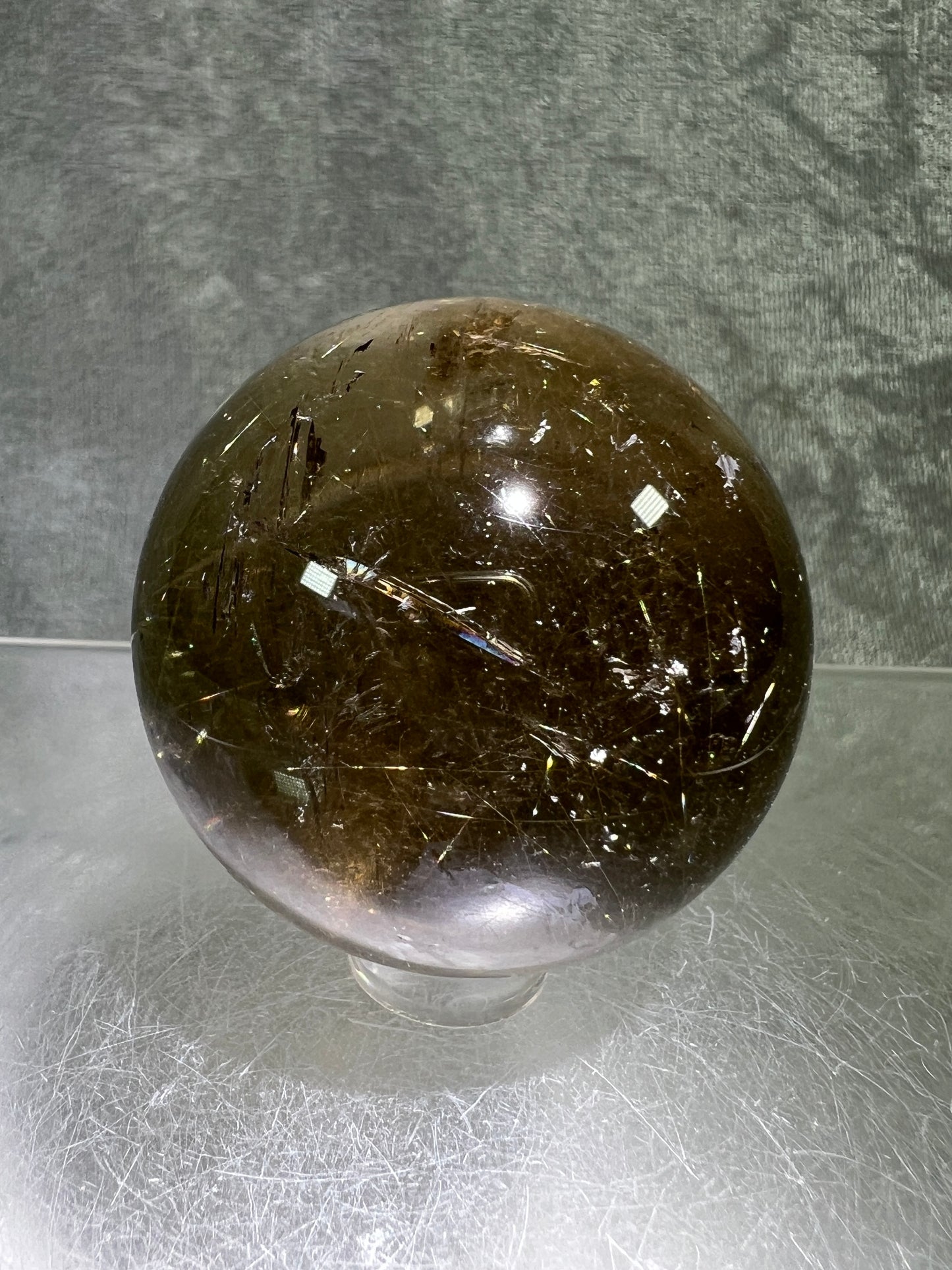 Rutile Quartz Sphere. Gorgeous Smoky Quartz With Stunning Golden Rutile Inclusions. High Quality Display Sphere.