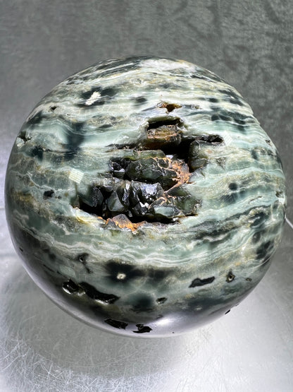 Ocean Jasper Sphere. 69mm. Very Cool Green Druzy. Stunning And Unique Display Sphere.