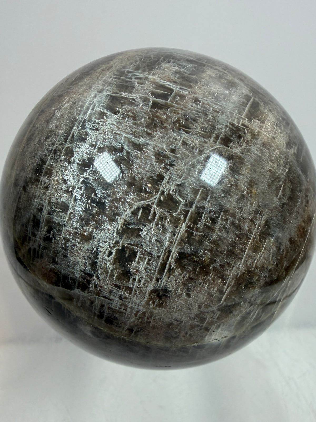 Black Moonstone Crystal Sphere. 55mm. Stunning Bright Silver Flash. High Quality Display Sphere