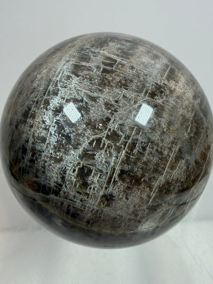 Black Moonstone Crystal Sphere. 55mm. Stunning Bright Silver Flash. High Quality Display Sphere