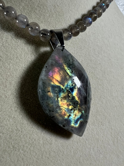 Labradorite Crystal Pendant. Stunning High Quality Jewelry. Custom Made Labradorite Beaded Necklace