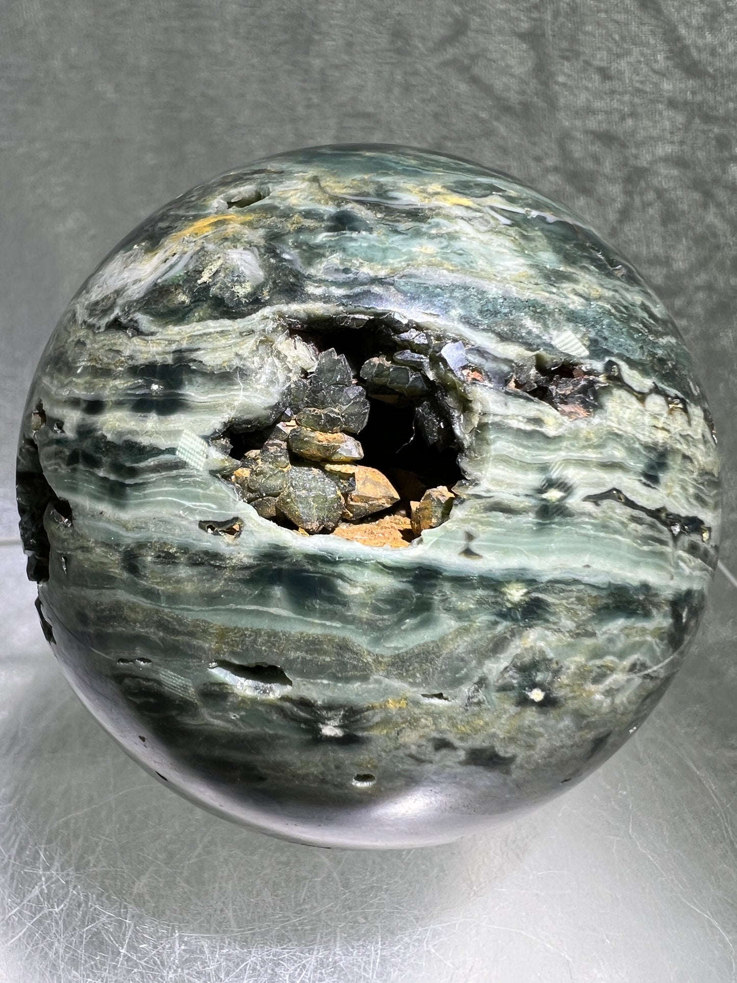 Ocean Jasper Sphere. 69mm. Very Cool Green Druzy. Stunning And Unique Display Sphere.