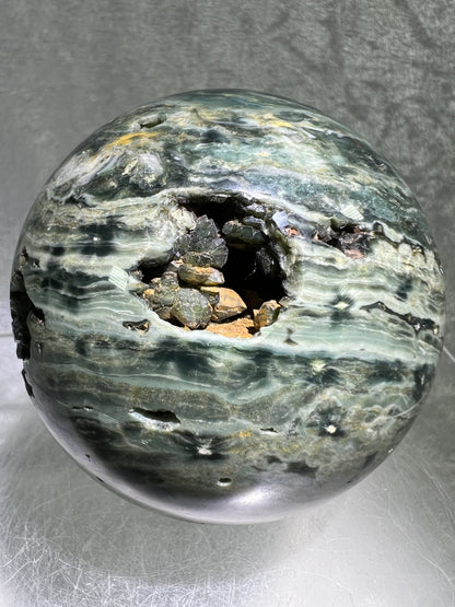 Ocean Jasper Sphere. 69mm. Very Cool Green Druzy. Stunning And Unique Display Sphere.
