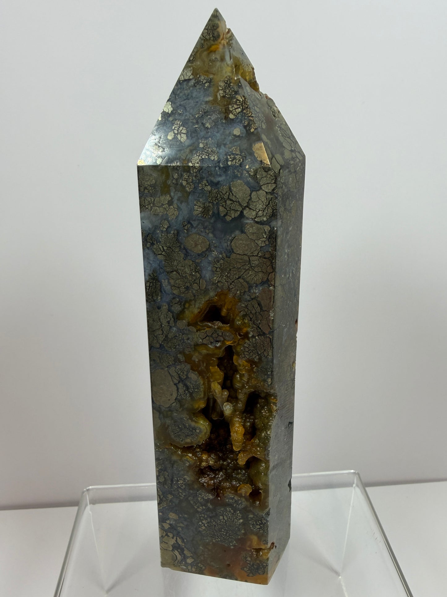Pyrite And Chalcedony Druzy Tower. 6.75 Inches. Beautiful Display Tower With Stunning Druzy