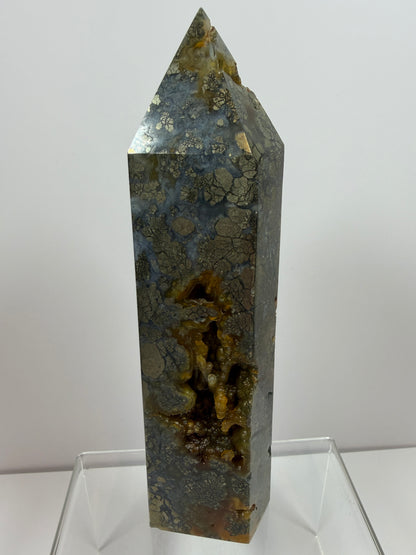 Pyrite And Chalcedony Druzy Tower. 6.75 Inches. Beautiful Display Tower With Stunning Druzy