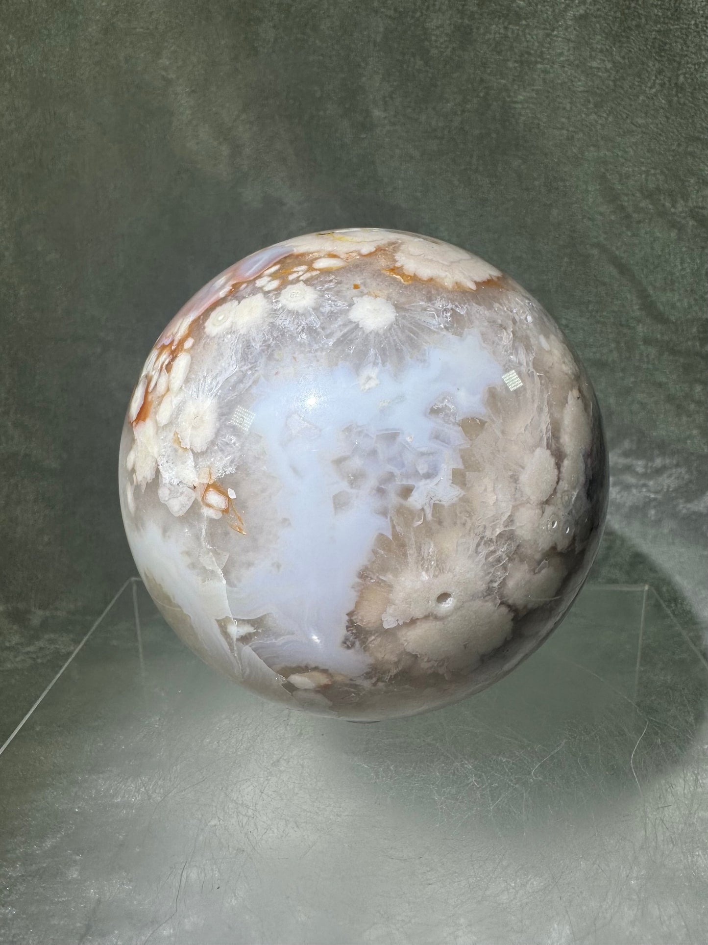 Flower Agate Sphere. 90mm. Beautiful Druzy On This Large Centerpiece. Amazing One Of A Kind Display Sphere.