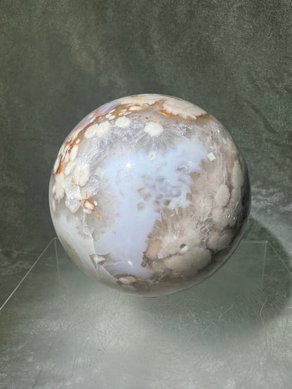 Flower Agate Sphere. 90mm. Beautiful Druzy On This Large Centerpiece. Amazing One Of A Kind Display Sphere.