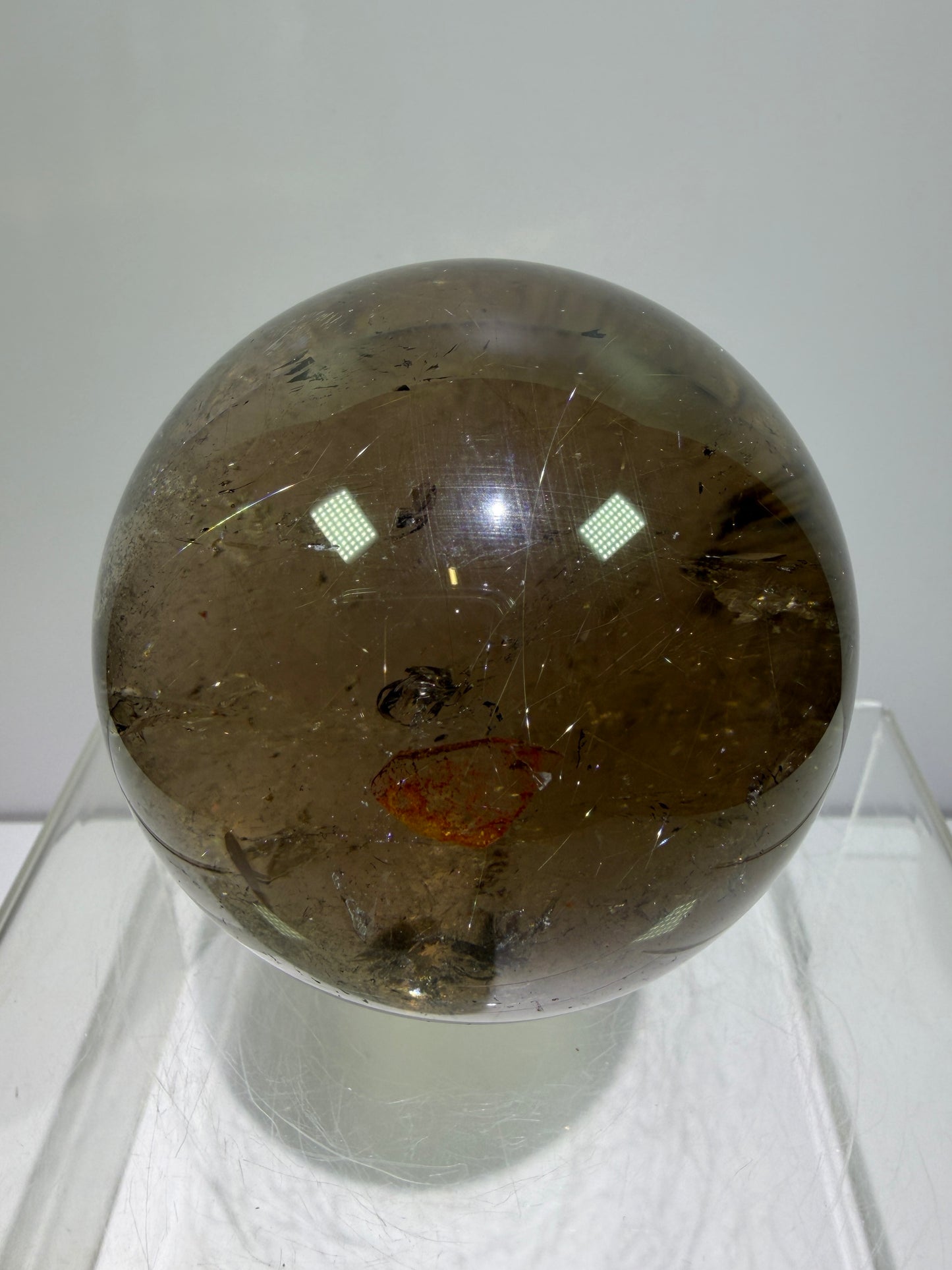 Rutile Quartz Sphere. 70mm. Large Smoky Quartz With Rare Golden Rutile Inclusions. Nice Quality Display