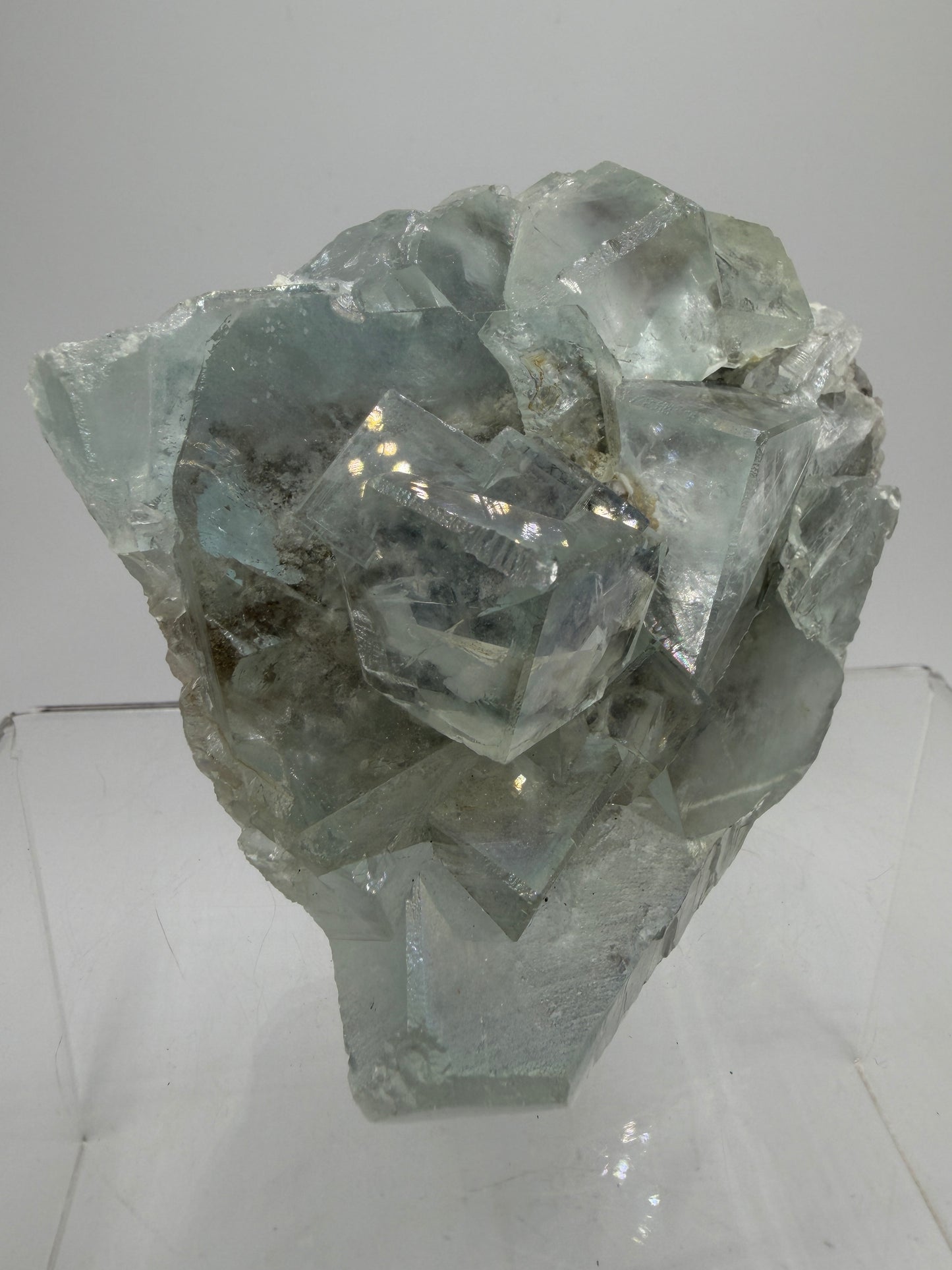 Fluorite Cubes Specimen With Iridescent Rainbows And Garden Inclusions. Gorgeous Rare Xianghualing Green Fluorite. Very Special Display Crystal