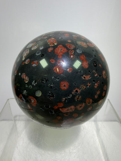 Plum Blossom Jade Sphere: 72mm. Gorgeous Large Display Sphere. Beautiful Color Contrast