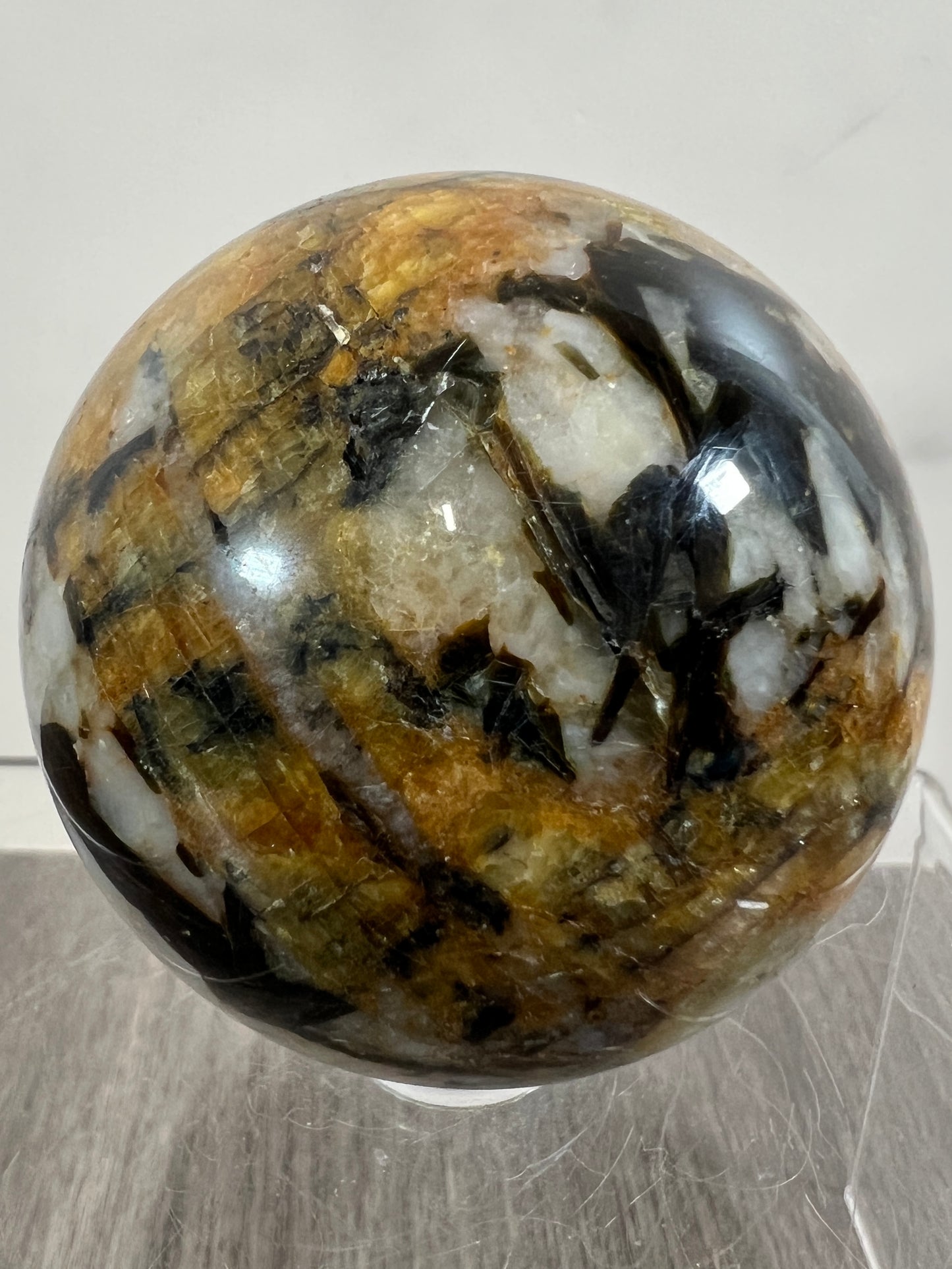 Yellow Tourmaline And Black Mica Sphere. 54mm. Rare New Discovery. Stunning And Flashy Display Sphere.