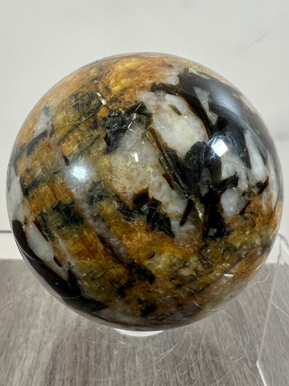 Yellow Tourmaline And Black Mica Sphere. 54mm. Rare New Discovery. Stunning And Flashy Display Sphere.