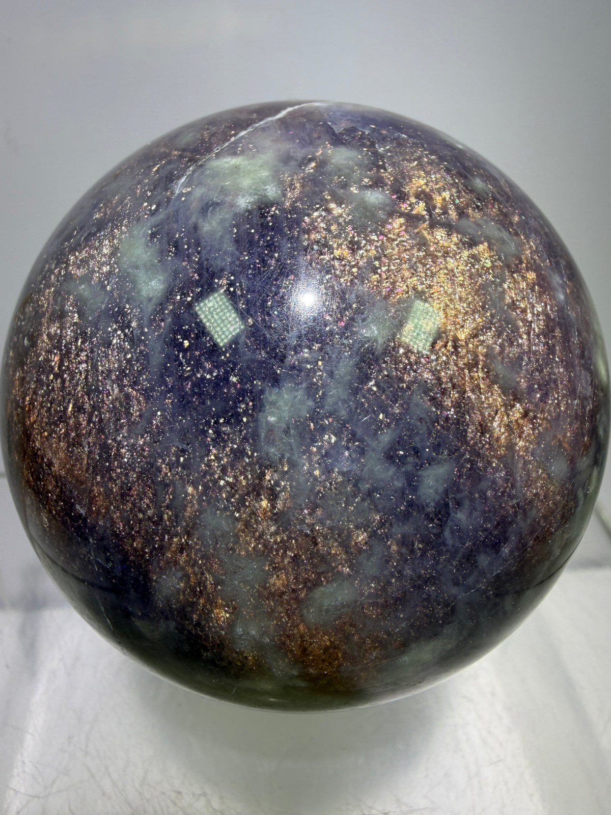 Bloodshot Iolite Sphere. 67mm. Rare Galaxy Iolite Sunstone Display Sphere. Amazing And Colorful Flash!