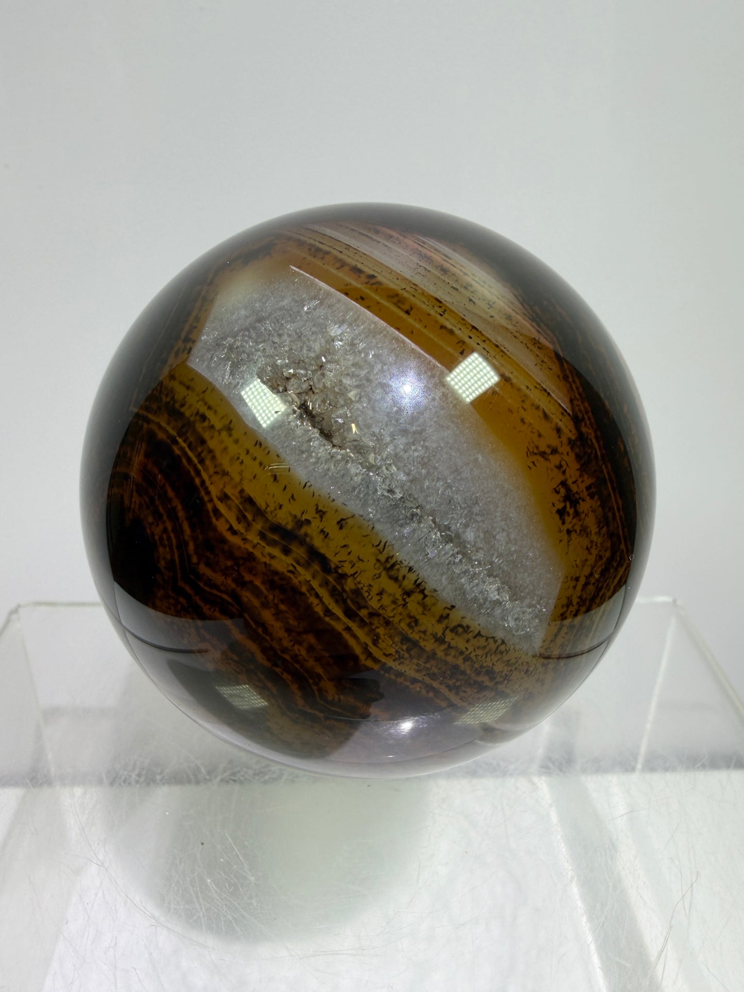 Silk Agate Sphere. 66mm. Druzy Banded Agate From Madagascar. Stunning Colors And Patterns On This Display Sphere.