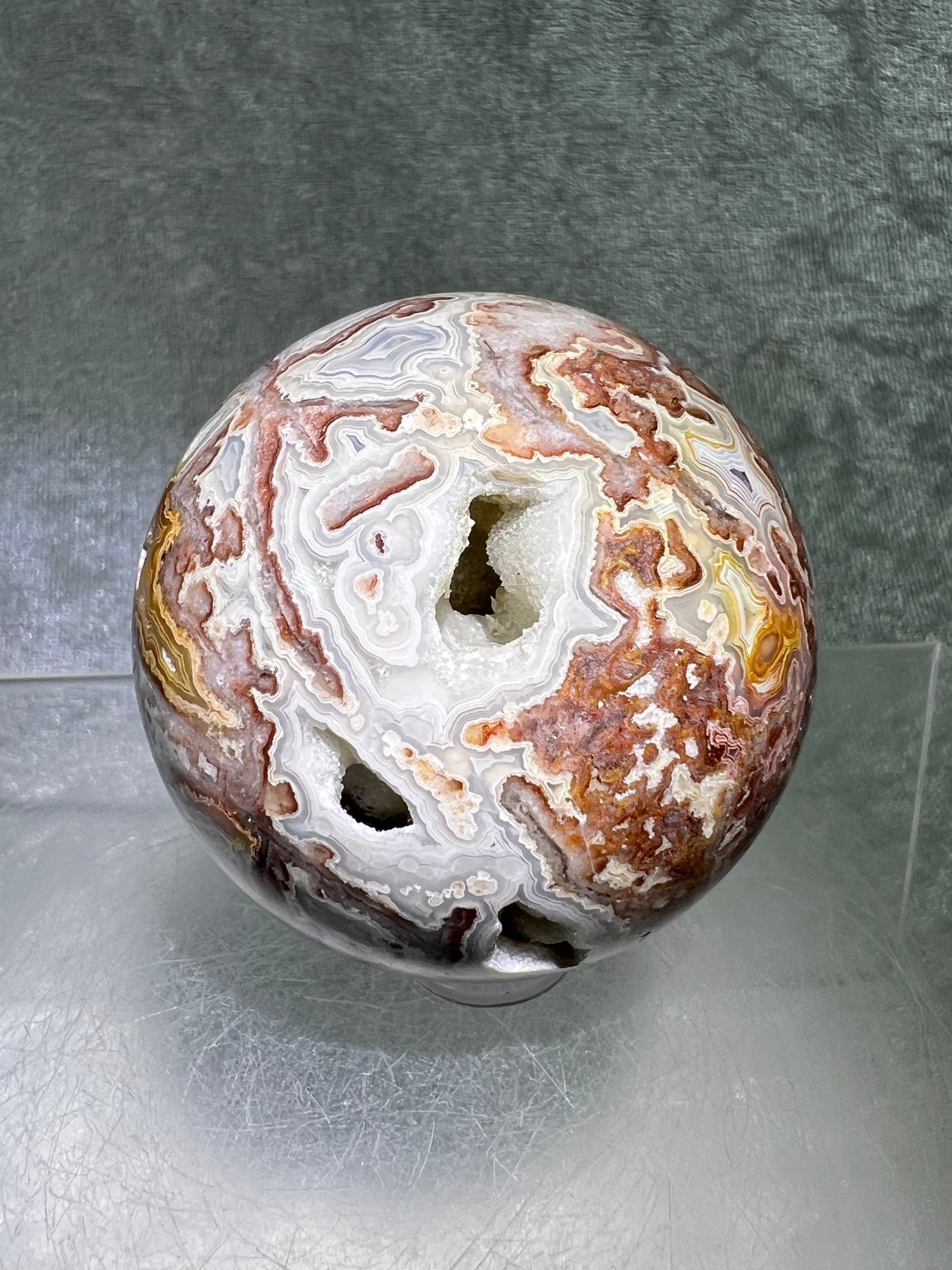 Mexican Crazy Lace Agate Sphere. Gorgeous High Quality With Amazing Druzy And Patterns. Rare Shades Of Pink.