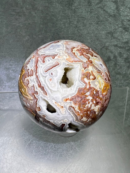 Mexican Crazy Lace Agate Sphere. Gorgeous High Quality With Amazing Druzy And Patterns. Rare Shades Of Pink.
