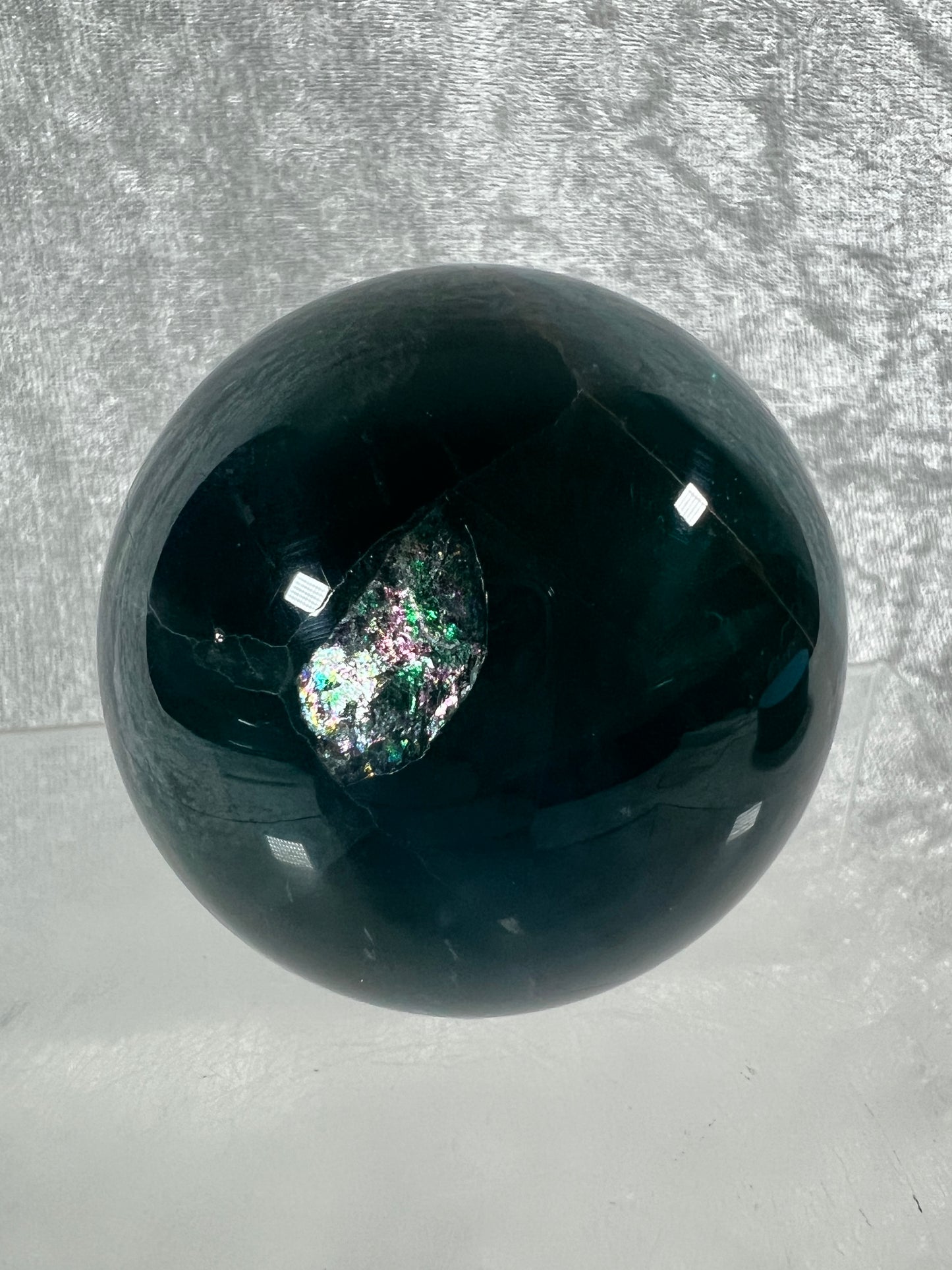 Blue Fluorite Sphere. 61mm. Gorgeous Rare Blue Fluorite. Amazing Dendritic And Rainbow Inclusions.