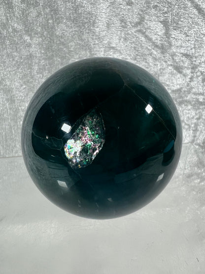 Blue Fluorite Sphere. 61mm. Gorgeous Rare Blue Fluorite. Amazing Dendritic And Rainbow Inclusions.