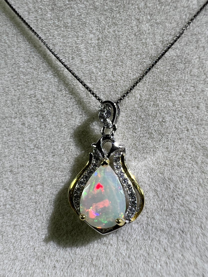Opal Teardrop Pendant. S925 Silver Setting And Necklace. Incredible Play Of Color. Gorgeous High Quality Crystal Jewelry.