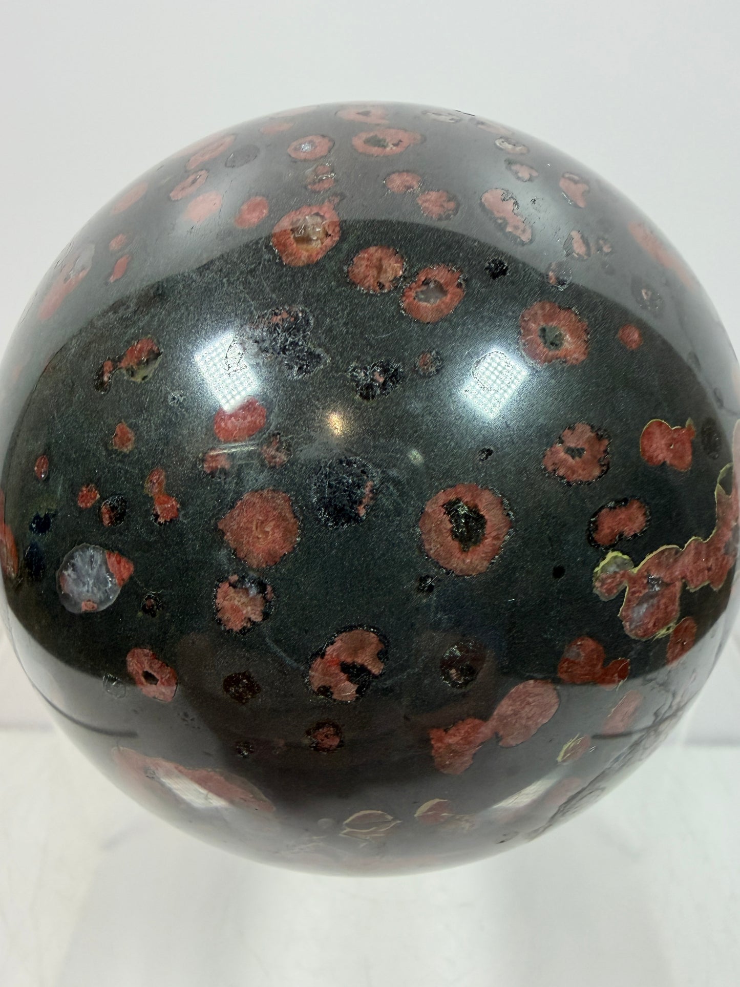 Plum Blossom Jade Sphere: 72mm. Gorgeous Large Display Sphere. Beautiful Color Contrast