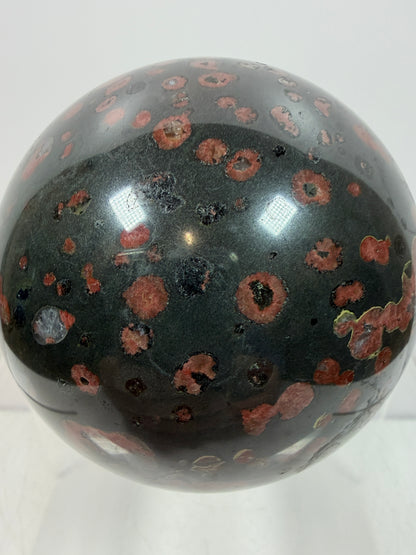 Plum Blossom Jade Sphere: 72mm. Gorgeous Large Display Sphere. Beautiful Color Contrast