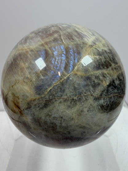 Black Moonstone And Sunstone Crystal Sphere. 64mm. Stunning Bright Flash. Gorgeous Display Sphere