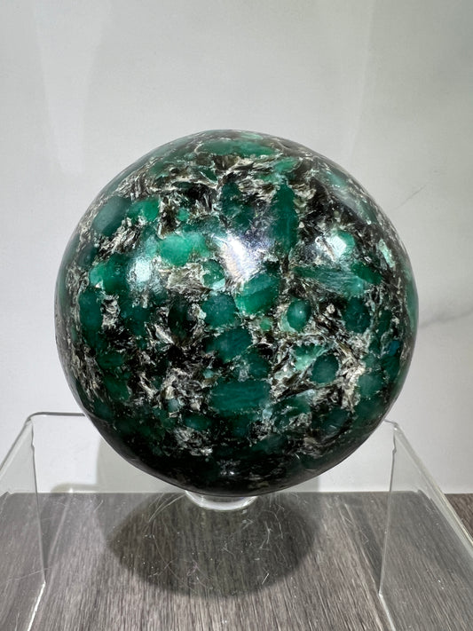 Emerald Mica In Matrix Crystal Sphere. 68mm. Gorgeous Chrome Muscovite From Zimbabwe. Amazing One Of A Kind Rare Display Crystal
