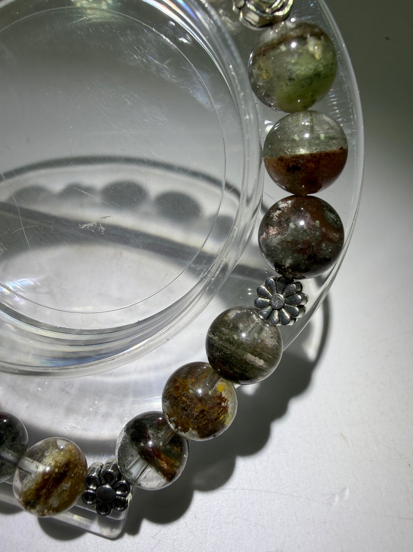 Garden Quartz Crystal Bead Bracelet. Incredible Lodolite Bracelet. 9.5mm. Amazing Flower Spacers.