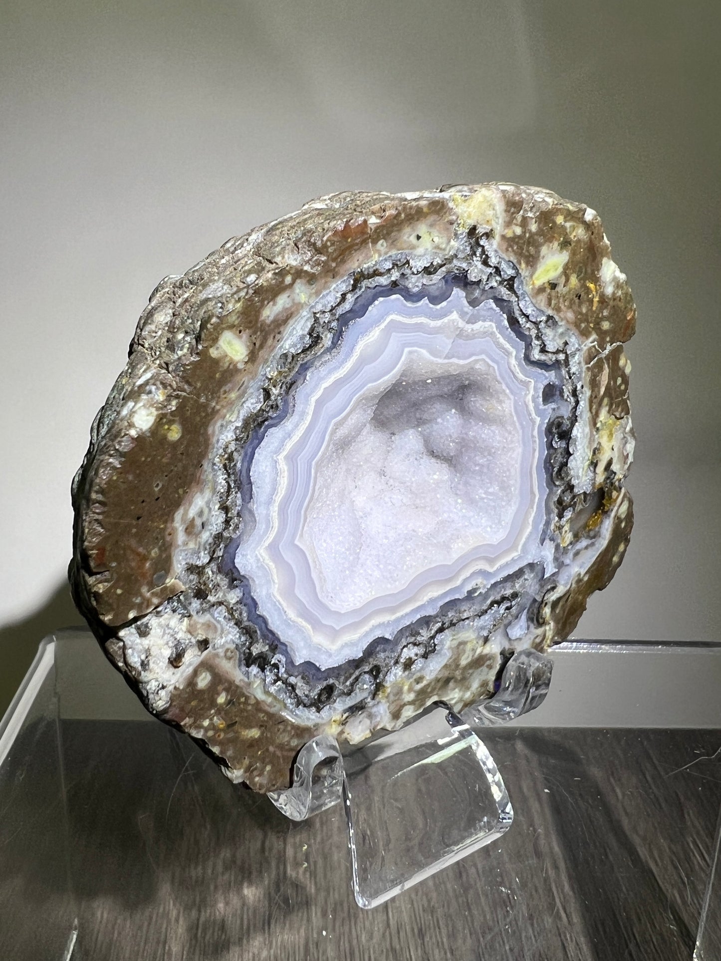 Trancas Geode Specimen From Mexico. A Beautiful Half Geode With Stunning Sugar Druzy. Gorgeous Shortwave UV Reaction!