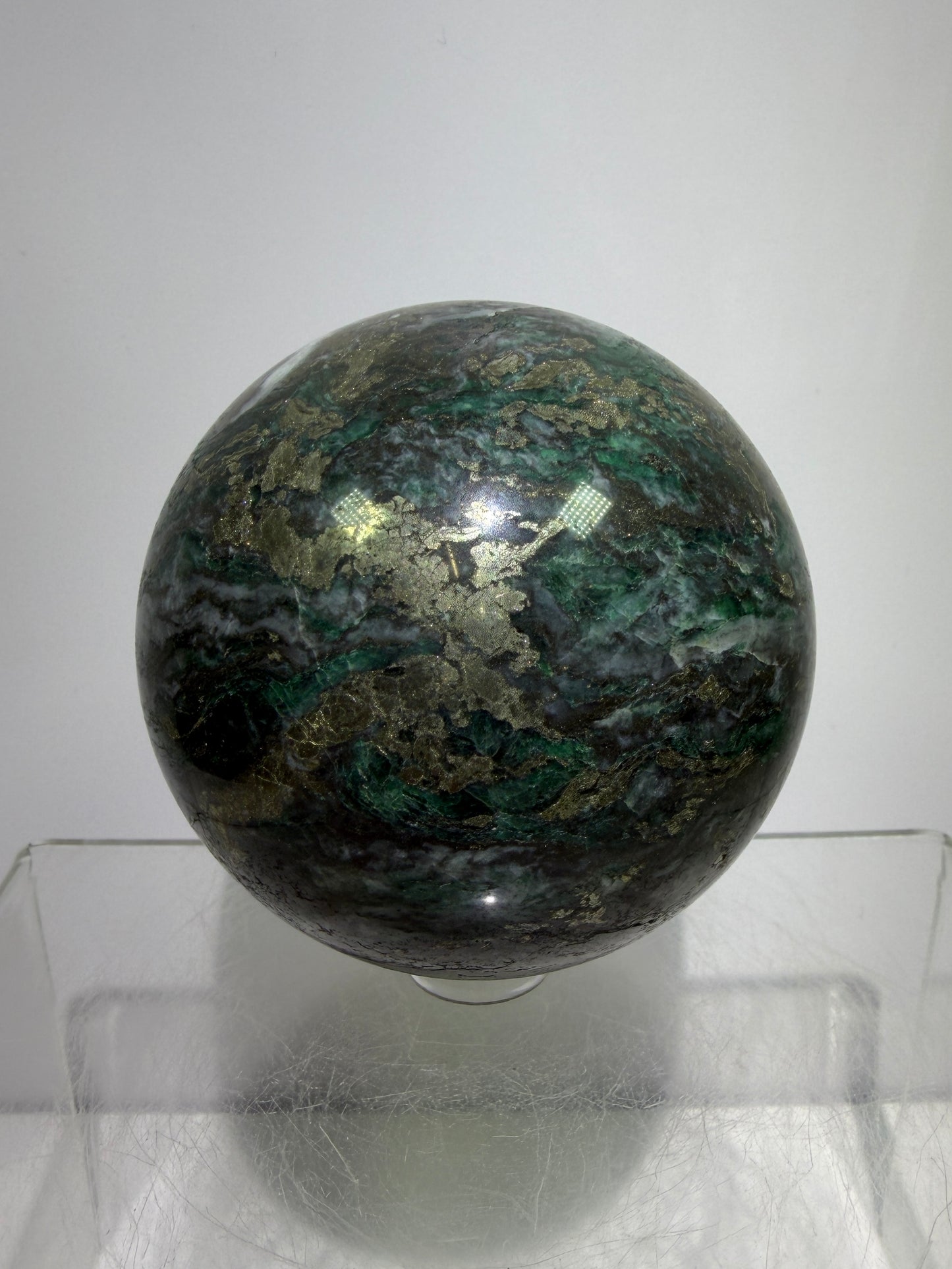 Atacamite And Pyrite Sphere. 64mm. High Quality Rare Sphere. Gorgeous Color Combination.