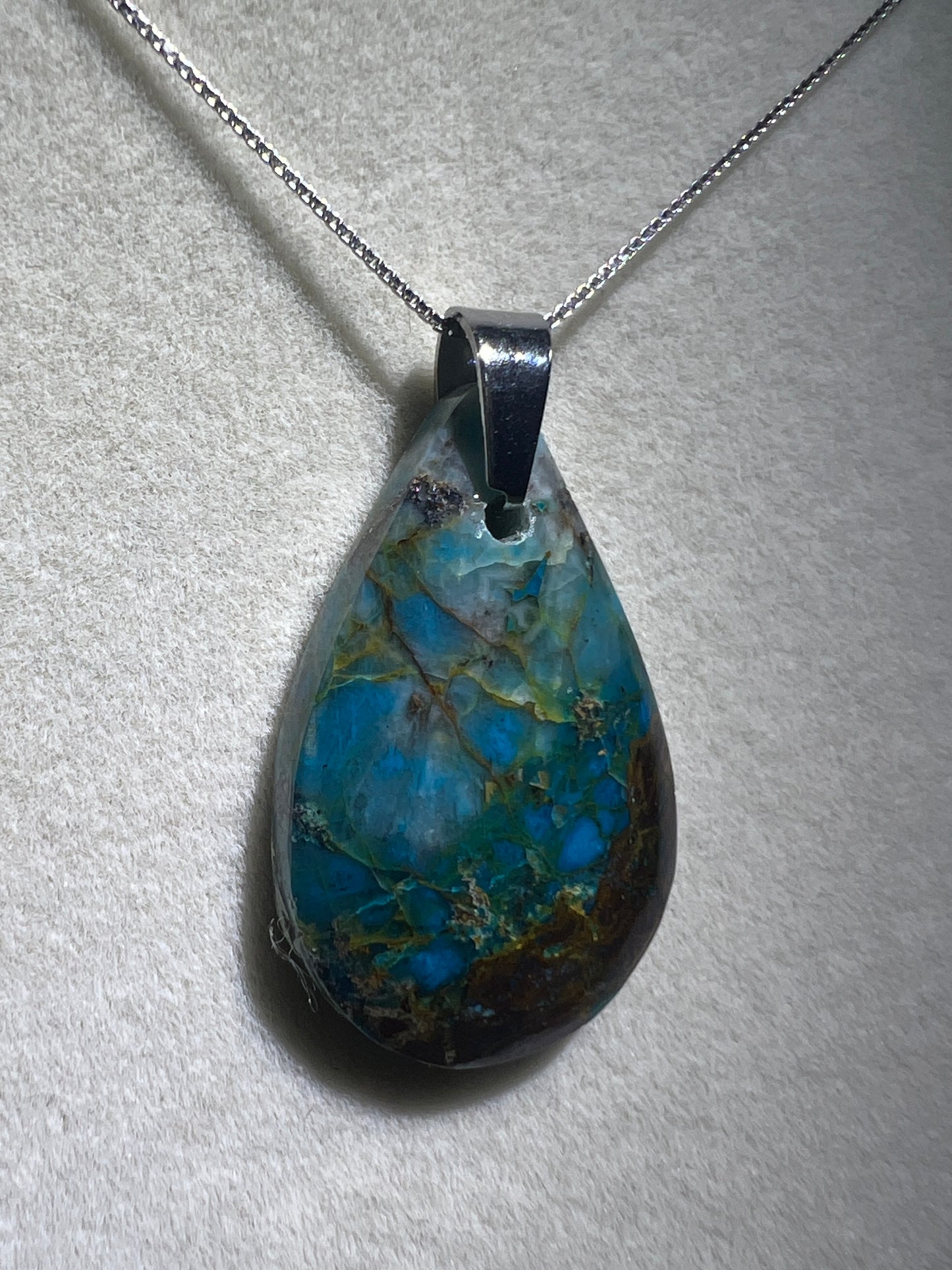 Chrysocolla Teardrop Pendant. Rare Water And Wine Chrysocolla From Peru. Stunning Color Combination. Includes S925 Silver Necklace.
