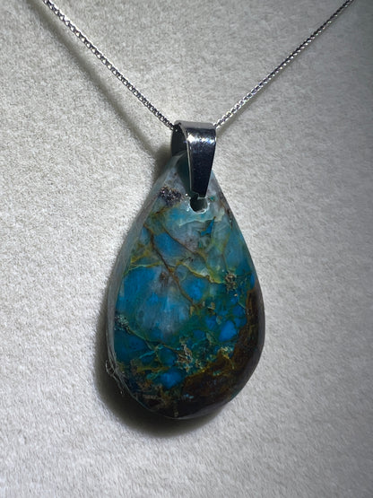 Chrysocolla Teardrop Pendant. Rare Water And Wine Chrysocolla From Peru. Stunning Color Combination. Includes S925 Silver Necklace.