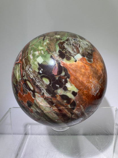 Money Agate Crystal Sphere. 72mm. Very Rare Shades Of Green. Stunning Indonesian Bloodstone. Amazing Colors And Patterns