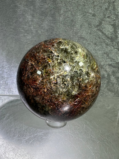 Tourmalinated Quartz Sphere. 57mm. Gorgeous Green And Red Tourmaline Inclusions. High Quality Rare Display Sphere.