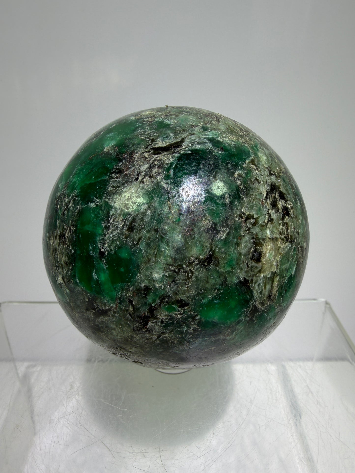 Emerald Mica In Matrix Crystal Sphere. 64mm. Gorgeous Chrome Muscovite From Zimbabwe. Amazing One Of A Kind Rare Display Crystal