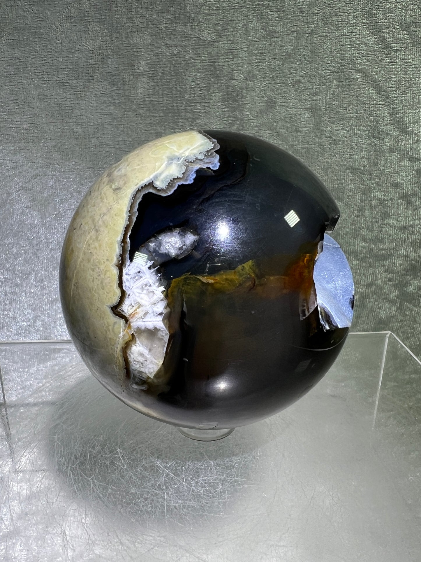 Volcano Agate Sphere. 71mm. Gorgeous Blue Druzy. Intense Green UV Reactive Sphere. Awesome Color Contrast.