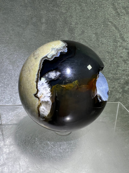 Volcano Agate Sphere. 71mm. Gorgeous Blue Druzy. Intense Green UV Reactive Sphere. Awesome Color Contrast.