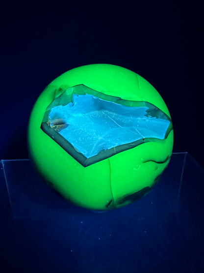 Volcano Agate Sphere. 71mm. Gorgeous Blue Druzy. Intense Green UV Reactive Sphere. Awesome Color Contrast.