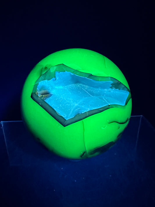 Volcano Agate Sphere. 71mm. Gorgeous Blue Druzy. Intense Green UV Reactive Sphere. Awesome Color Contrast.