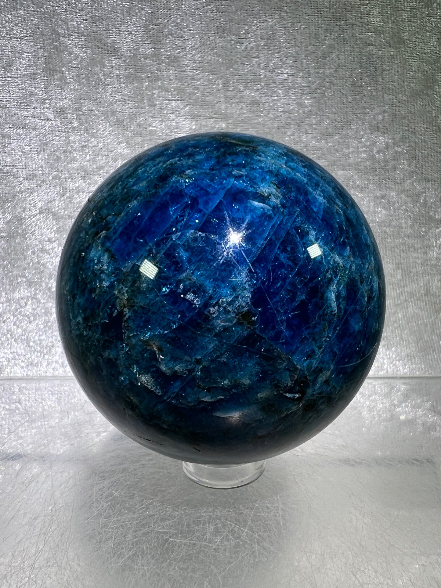 Blue Apatite Crystal Sphere. 58mm. Stunning Deep Blue With Lots Of Iridescent Flash. High Quality Display Sphere