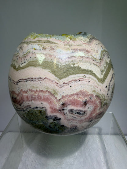 Rhodochrosite Crystal Sphere. 92mm. XL Rare Druzy Display Sphere. Amazing Druzy And Banding