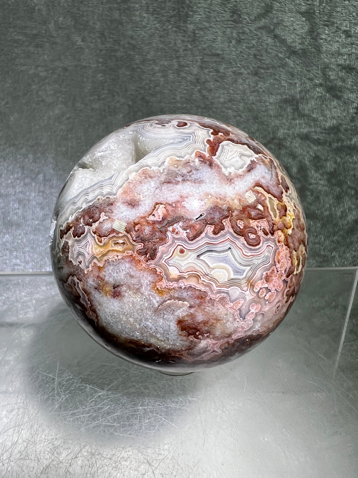 Mexican Crazy Lace Agate Sphere. Gorgeous High Quality With Amazing Druzy And Patterns. Rare Shades Of Pink.