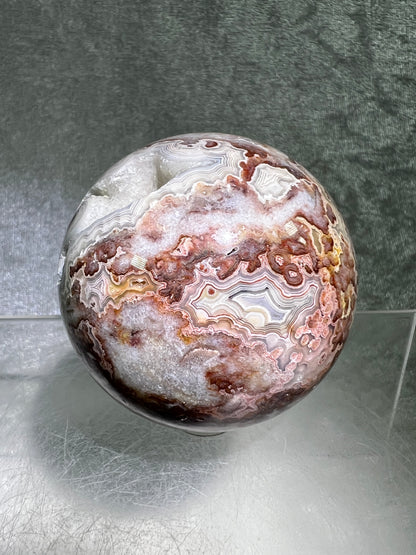 Mexican Crazy Lace Agate Sphere. Gorgeous High Quality With Amazing Druzy And Patterns. Rare Shades Of Pink.