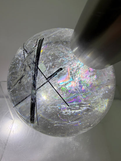 Black Tourmaline Quartz Sphere. 60mm. Massive Rare Rainbows. Gorgeous Black Rutile Sphere. Tourmalinated Quartz Display Crystal