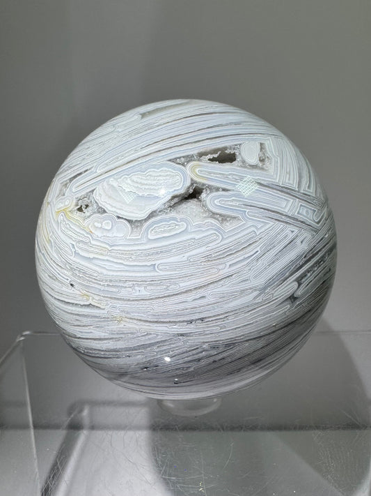 White Mexican Crazy Lace Sphere. 66mm. Beautiful Mexican Agate Sphere. Incredible Druzy And Banding.